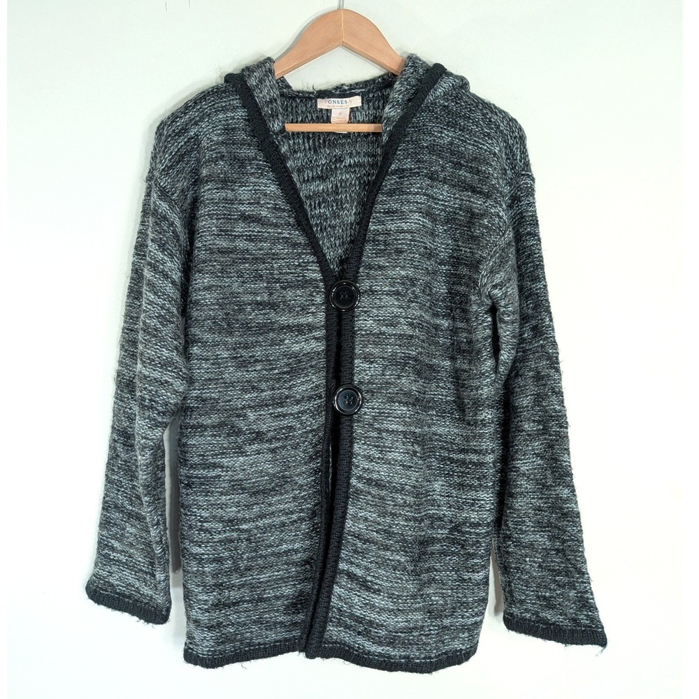 Ponsesa Gray Cardigan; Marled Knit Hooded Button Front Sweater
